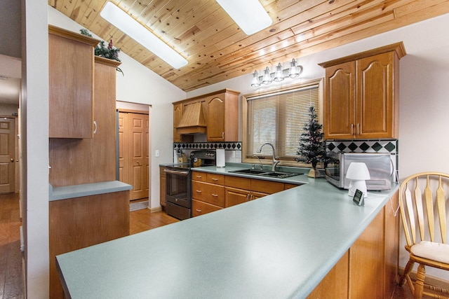 kitchen featuring range with electric cooktop, sink, light hardwood / wood-style flooring, premium range hood, and lofted ceiling