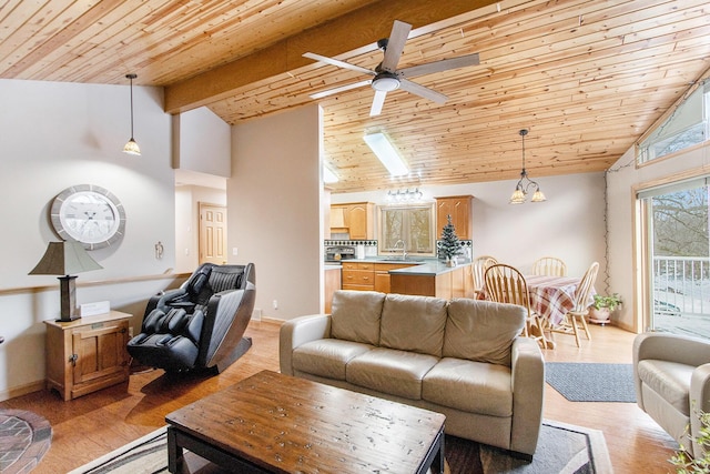 living room with sink, light hardwood / wood-style flooring, ceiling fan, beamed ceiling, and wood ceiling