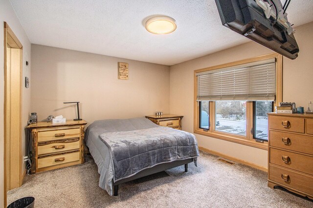 bedroom with light carpet and a textured ceiling