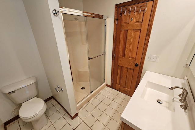 bathroom with tile patterned flooring, vanity, an enclosed shower, and toilet