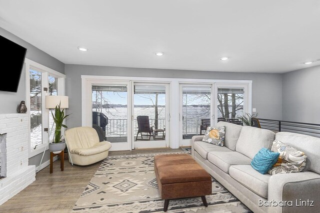 living room featuring a brick fireplace, a healthy amount of sunlight, and wood-type flooring