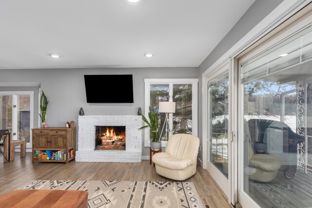 living room with a fireplace, a wealth of natural light, and hardwood / wood-style floors