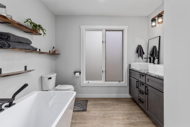 bathroom featuring a bathing tub, vanity, toilet, and hardwood / wood-style flooring