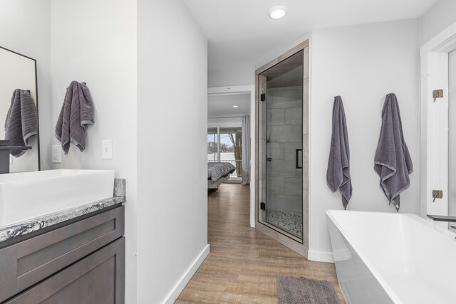 bathroom featuring hardwood / wood-style floors, vanity, and separate shower and tub