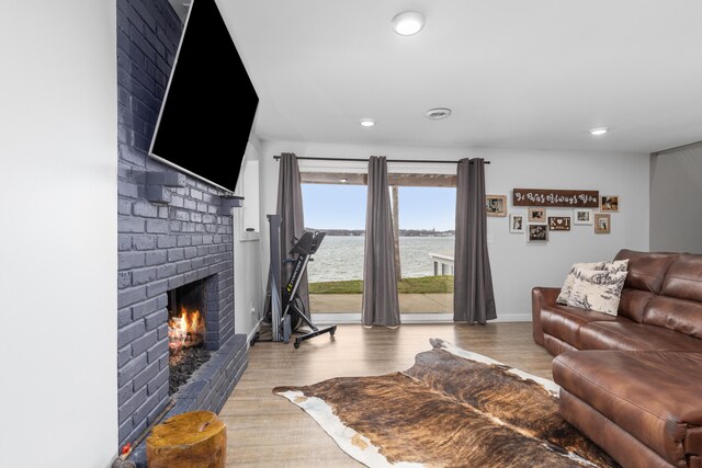 living room with a fireplace and light hardwood / wood-style floors