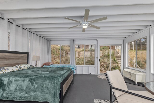 bedroom featuring beam ceiling and ceiling fan