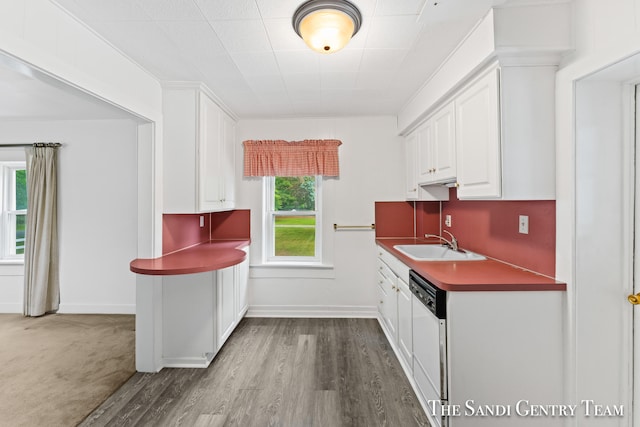 kitchen with white cabinets, hardwood / wood-style floors, white dishwasher, and a healthy amount of sunlight