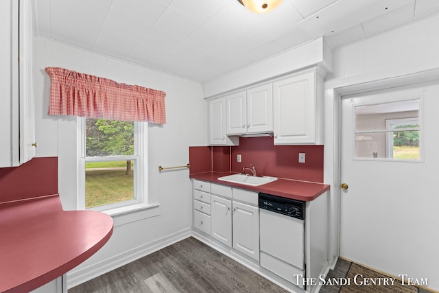 kitchen featuring white cabinetry, dishwasher, dark hardwood / wood-style floors, and sink