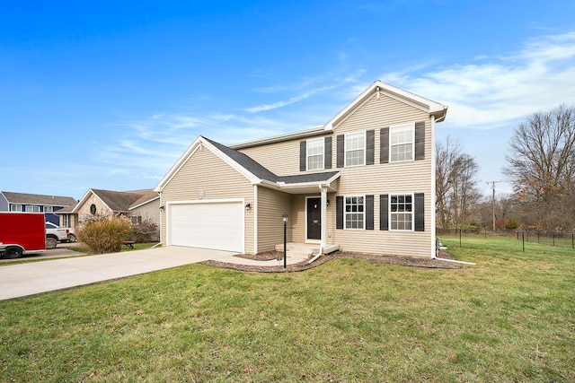 front facade featuring a front lawn and a garage