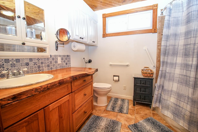 bathroom with decorative backsplash, toilet, wooden ceiling, and vanity