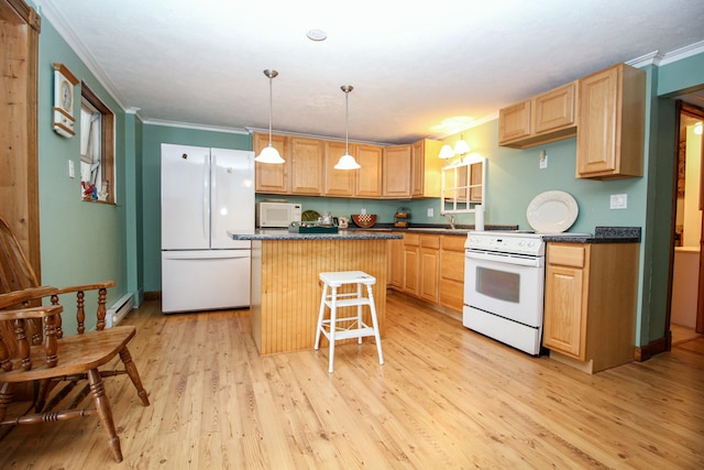 kitchen with a center island, white appliances, light wood-type flooring, ornamental molding, and a kitchen bar