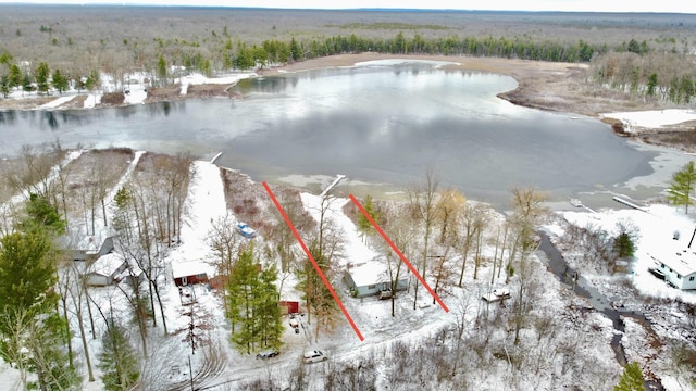 snowy aerial view with a water view