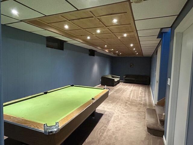 game room featuring carpet, billiards, and a drop ceiling