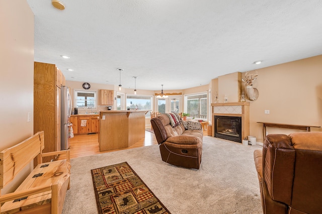 living room featuring a large fireplace, a healthy amount of sunlight, light wood-type flooring, and a textured ceiling