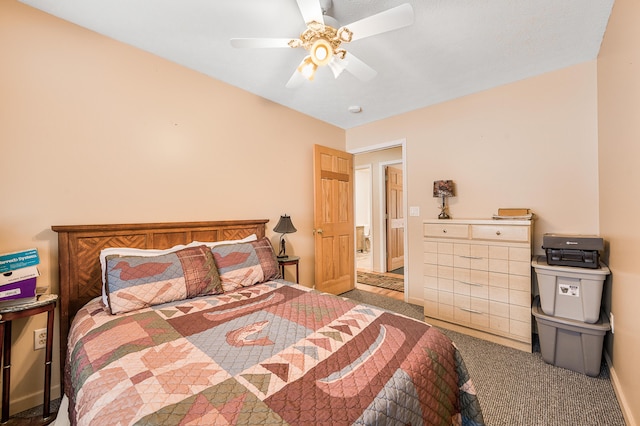 bedroom featuring carpet flooring and ceiling fan