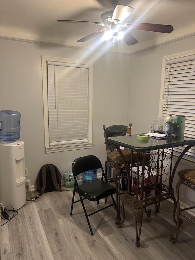 dining area with light hardwood / wood-style floors and ceiling fan