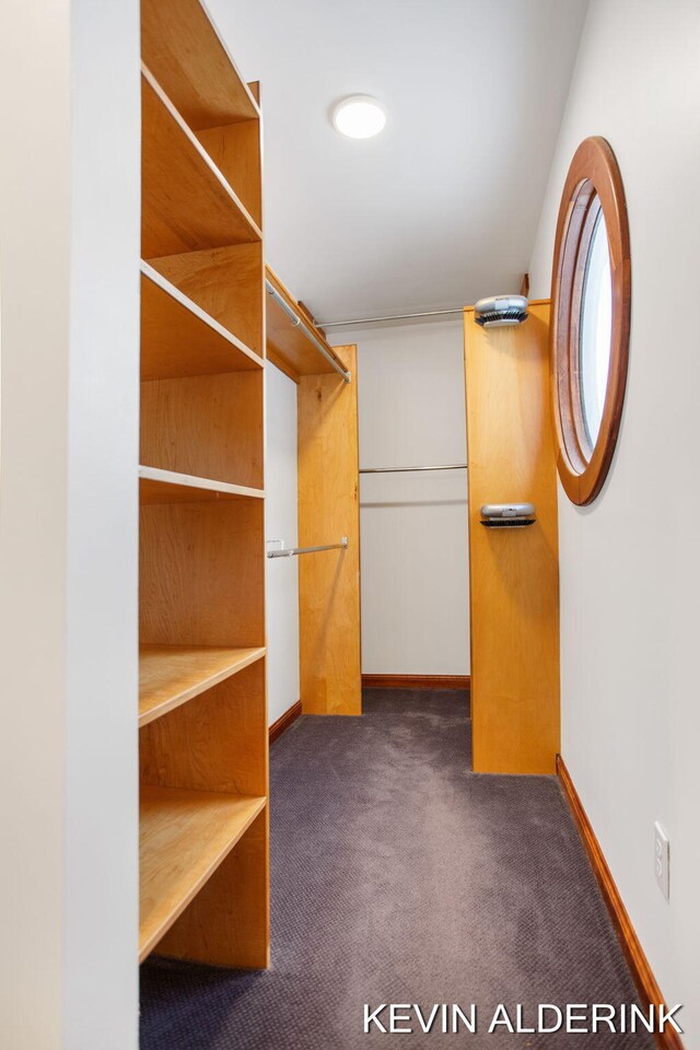 walk in closet featuring dark colored carpet