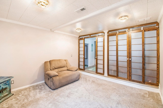 sitting room with light carpet and ornamental molding