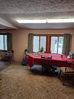 dining space with a textured ceiling and carpet flooring