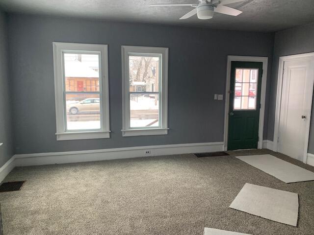 foyer entrance with ceiling fan, a healthy amount of sunlight, carpet floors, and a textured ceiling