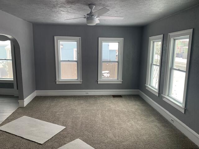 carpeted spare room featuring a textured ceiling and a healthy amount of sunlight