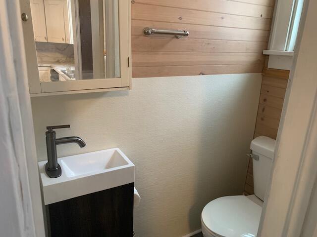 bathroom with vanity, toilet, and wooden walls