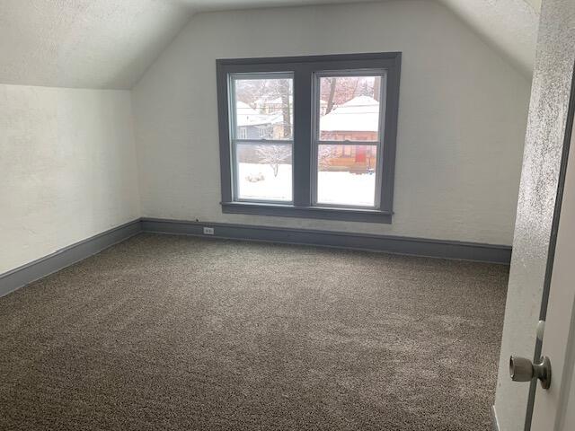 bonus room featuring carpet, a textured ceiling, and vaulted ceiling