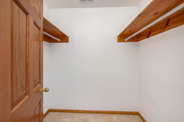 spacious closet featuring light colored carpet