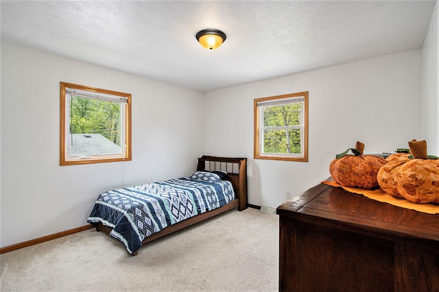 carpeted bedroom with a textured ceiling and multiple windows