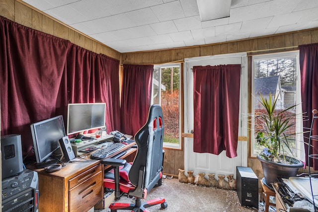 carpeted office featuring wood walls