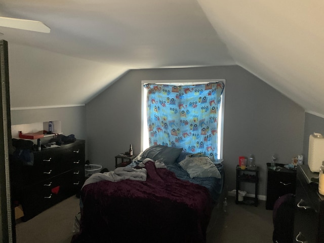 bedroom featuring carpet and vaulted ceiling