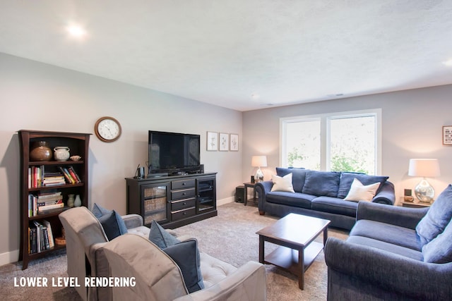 living room featuring light carpet