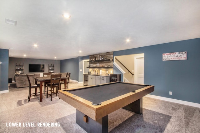 rec room featuring bar, light colored carpet, and billiards