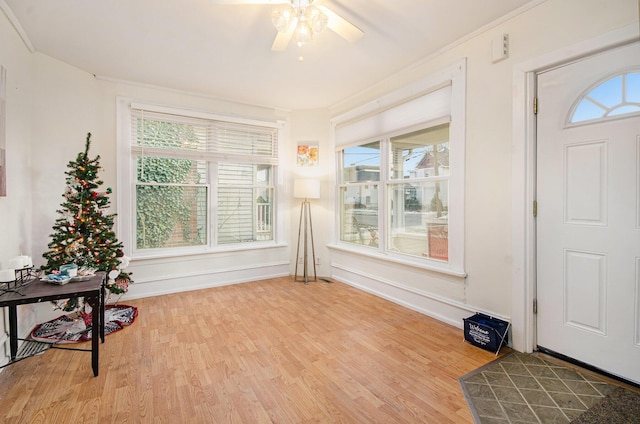 sunroom / solarium featuring plenty of natural light and ceiling fan