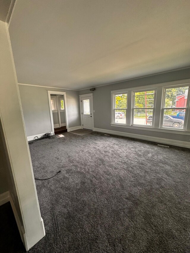 unfurnished living room with dark carpet