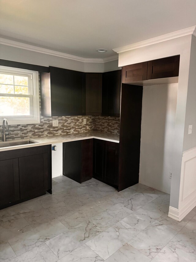 kitchen with dark brown cabinets, crown molding, sink, and tasteful backsplash