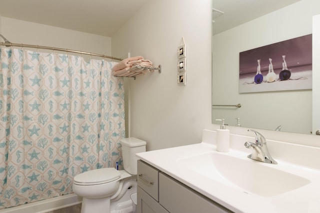 full bathroom with vanity, toilet, and shower / bathtub combination with curtain