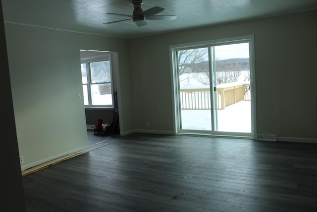 spare room with dark hardwood / wood-style flooring, ceiling fan, and a wealth of natural light