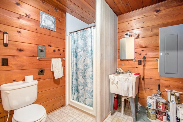 bathroom with a shower with curtain, electric panel, wooden ceiling, and wood walls