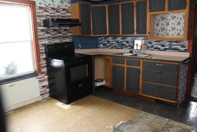 kitchen featuring black / electric stove, decorative backsplash, sink, and ventilation hood