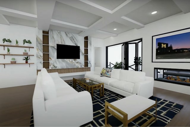 living room with built in features, beamed ceiling, dark wood-type flooring, and coffered ceiling