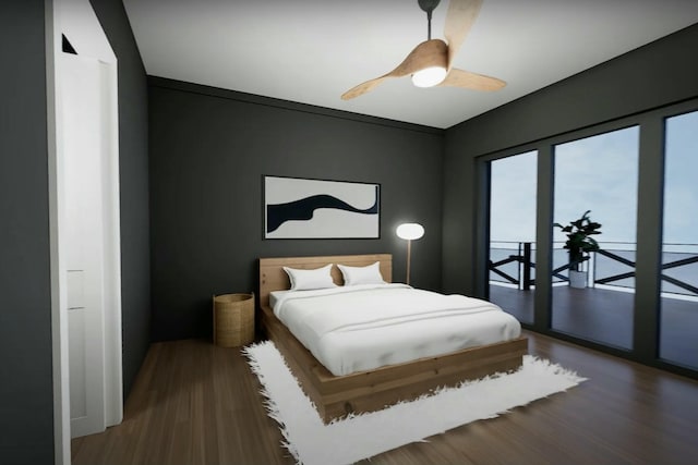 bedroom with ceiling fan, dark hardwood / wood-style floors, and access to exterior