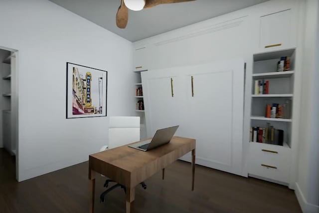 office area featuring built in shelves, ceiling fan, and dark wood-type flooring