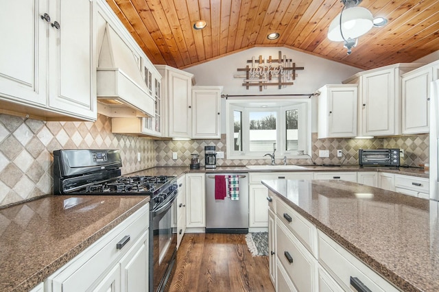 kitchen with lofted ceiling, dishwasher, black gas range, custom exhaust hood, and wooden ceiling