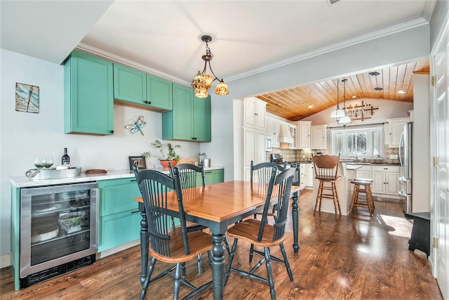 dining area featuring dark hardwood / wood-style floors, beverage cooler, vaulted ceiling, and wooden ceiling