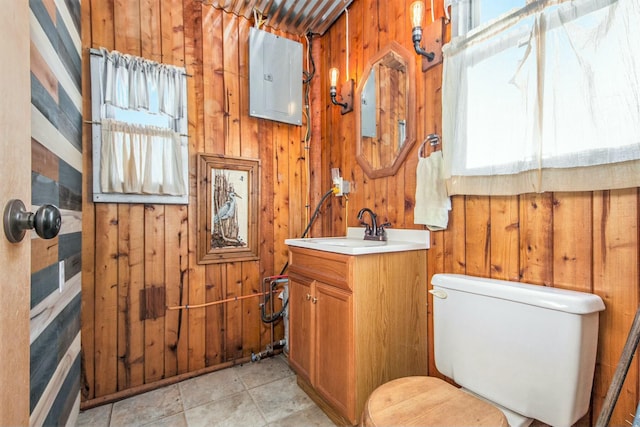 bathroom featuring vanity, wooden walls, and electric panel