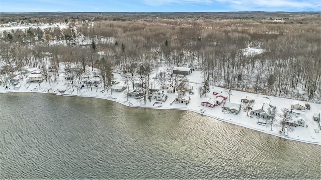 snowy aerial view featuring a water view