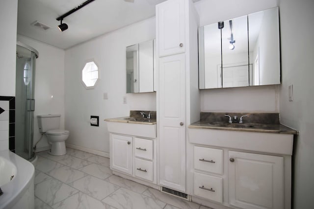 bathroom with vanity, toilet, rail lighting, and walk in shower