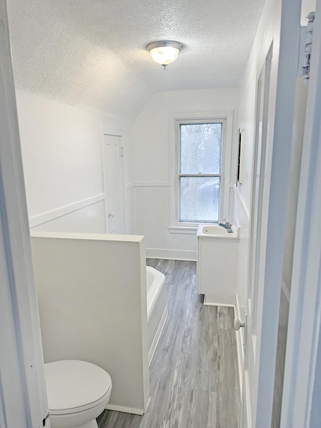 bathroom featuring hardwood / wood-style floors, a textured ceiling, lofted ceiling, toilet, and vanity