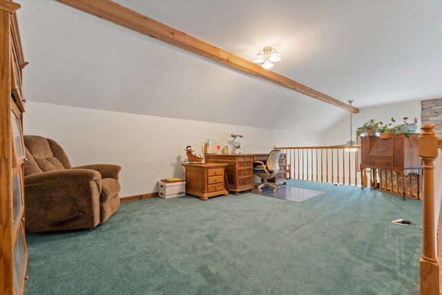 interior space with carpet flooring and vaulted ceiling with beams